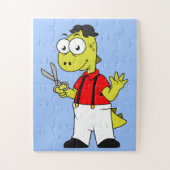 Tyrannosaurus Rex Barber mit Scheren. Puzzle (Vertikal)