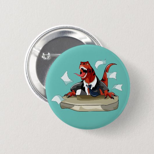 Tyrannosaurus Rex Boss sitzt an einem Schreibtisch Button (Vorne & Hinten)