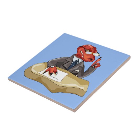 Tyrannosaurus Rex Boss sitzt an einem Schreibtisch Fliese (Seite)