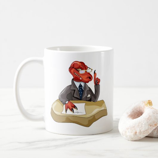 Tyrannosaurus Rex Boss sitzt an einem Schreibtisch Kaffeetasse (Mit Donut)