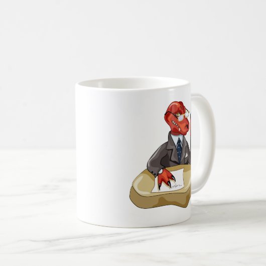 Tyrannosaurus Rex Boss sitzt an einem Schreibtisch Kaffeetasse (VorderseiteRechts)