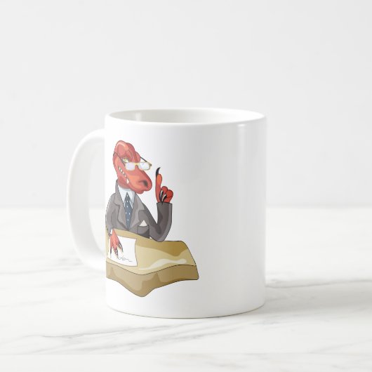 Tyrannosaurus Rex Boss sitzt an einem Schreibtisch Kaffeetasse (Vorderseite Links)