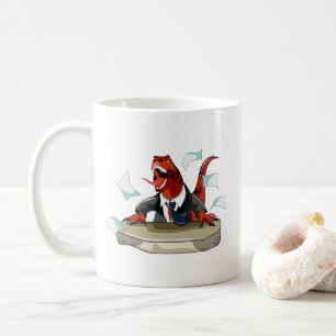 Tyrannosaurus Rex Boss sitzt an einem Schreibtisch Kaffeetasse