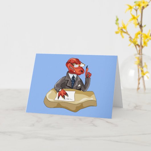 Tyrannosaurus Rex Boss sitzt an einem Schreibtisch Karte (Gelbe Blume)