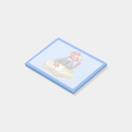 Tyrannosaurus Rex Boss sitzt an einem Schreibtisch Post-it Klebezettel (angewinkelt)