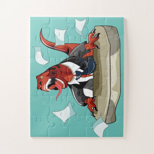 Tyrannosaurus Rex Boss sitzt an einem Schreibtisch Puzzle (Vertikal)