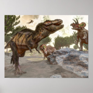 Tyrannosaurus-Rex, der vor einem Triceratops-Angri Poster