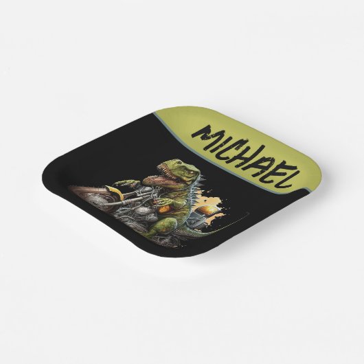 Tyrannosaurus Rex Dinosaurier Reiten auf einem Mot Pappteller (Gewinkelt)