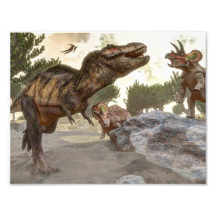 Tyrannosaurus rex entkommt einem Triceratops-Angri Fotodruck