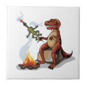 Tyrannosaurus Rex kocht Essen über einem Lagerfeue Fliese (Vorderseite)