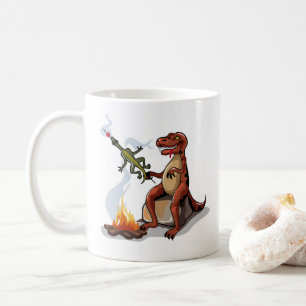 Tyrannosaurus Rex kocht Essen über einem Lagerfeue Kaffeetasse