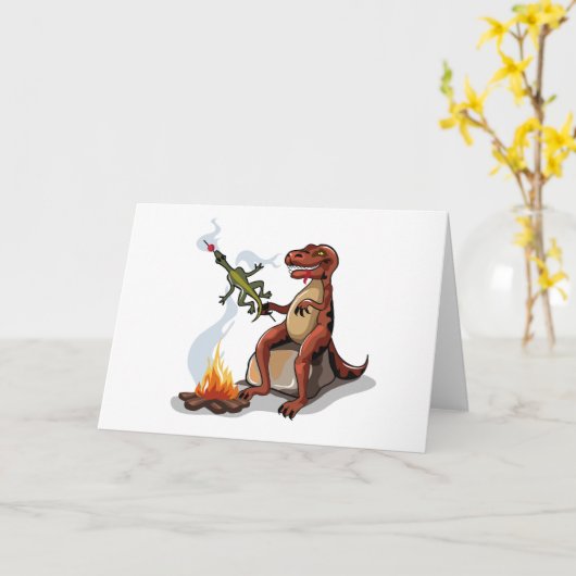 Tyrannosaurus Rex kocht Essen über einem Lagerfeue Karte (Gelbe Blume)