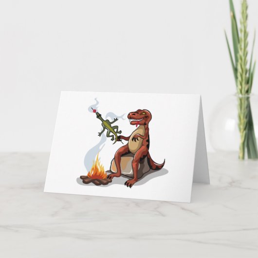 Tyrannosaurus Rex kocht Essen über einem Lagerfeue Karte (Vorderseite)