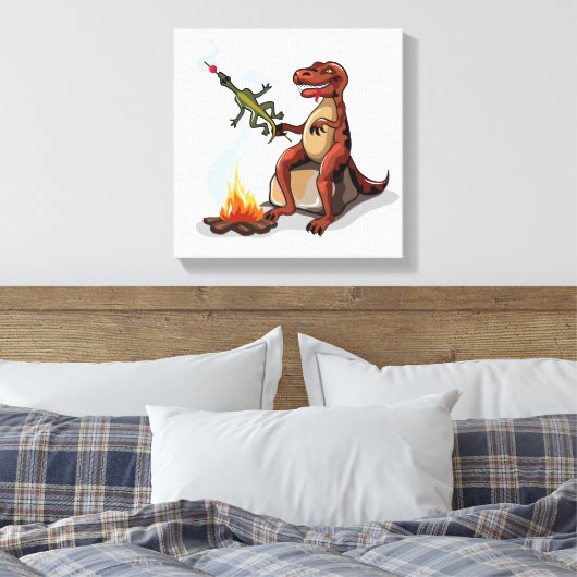 Tyrannosaurus Rex kocht Essen über einem Lagerfeue Leinwanddruck (Insitu (Schlafzimmer))