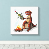 Tyrannosaurus Rex kocht Essen über einem Lagerfeue Leinwanddruck (Insitu (Holzboden))