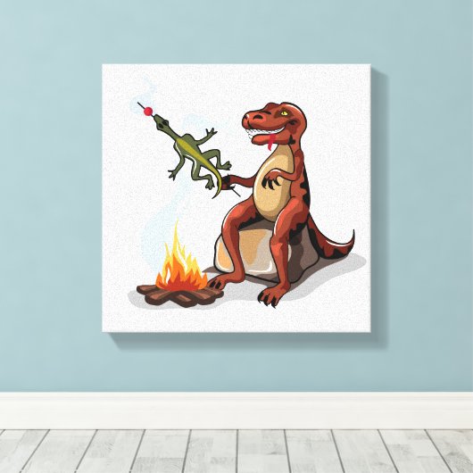 Tyrannosaurus Rex kocht Essen über einem Lagerfeue Leinwanddruck (Insitu (Holzboden))