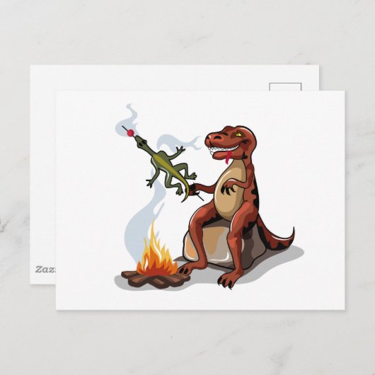 Tyrannosaurus Rex kocht Essen über einem Lagerfeue Postkarte (Vorne/Hinten)
