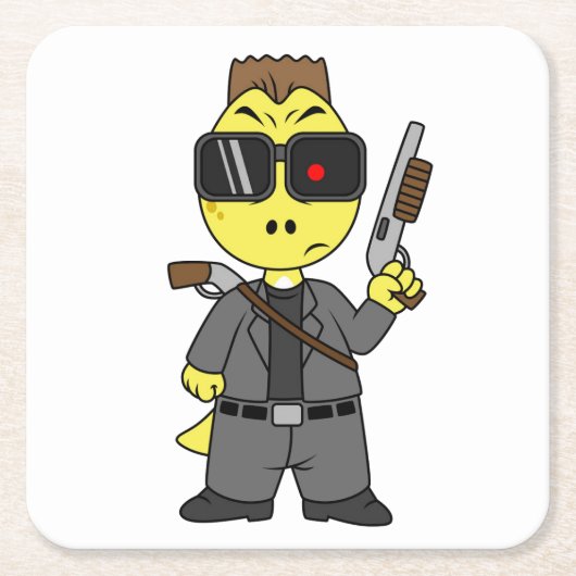 Tyrannosaurus Rex verkleidete sich als Terminator. Rechteckiger Pappuntersetzer (Vorderseite)