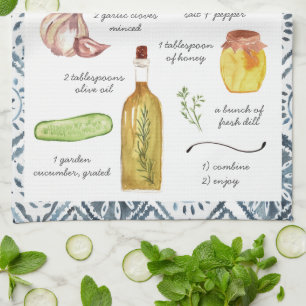 Tzatziki-Wasserfarben-Rezept-Erbstickerei-Küchentü Geschirrtuch