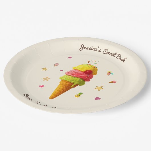 U-Ausschnitt. Lächle. Wieder von vorne. - Geburtst Pappteller (Schrägansicht)