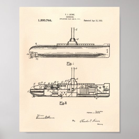 U-Boot 1919 Patent Art Old Peper Poster (Vorne)