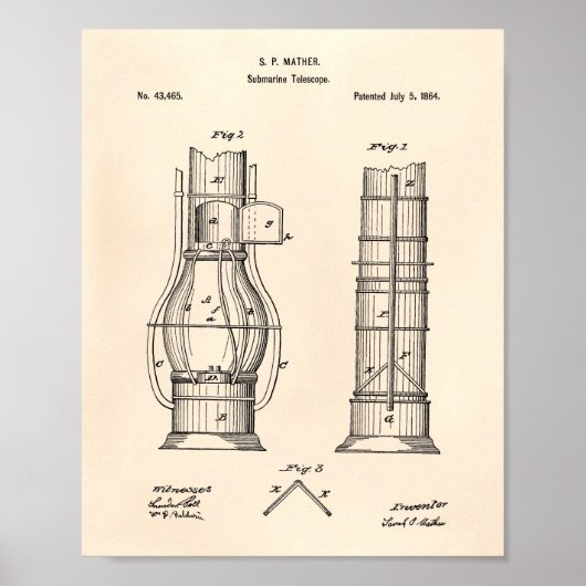 U-Boot-Teleskop 1864 Patent Art Old Peper Poster (Vorne)