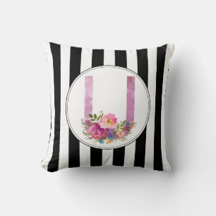 U, Floral Monogramm initial, Aquarellfarben-Blume Kissen