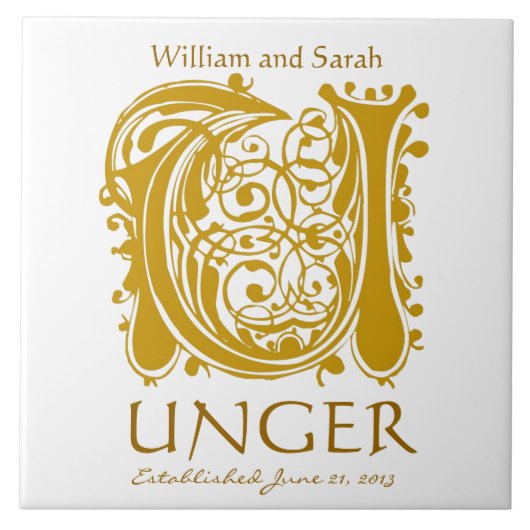 U Gold Monogram on White - Names Wedding Date Tile Fliese (Vorderseite)