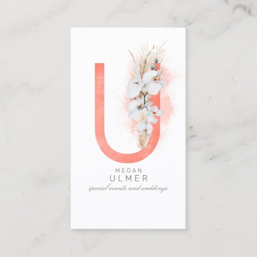 U Letter Monogram White Orchias and Pampas Grass Visitenkarte (Vorderseite)