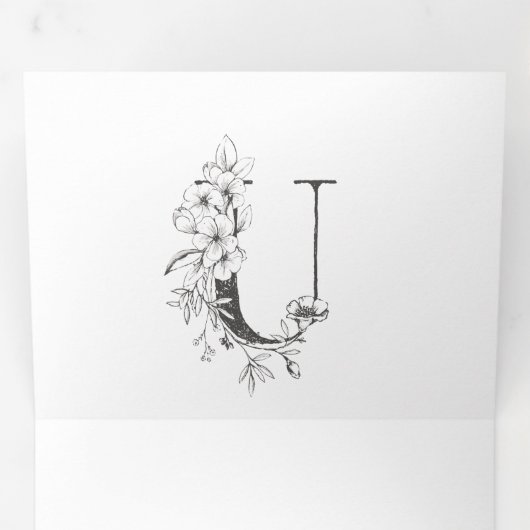 'U' Monogram Schöne gezeichnete Blumenhochzeit Dreifach Gefaltete Einladung (Innen Erste Seite)