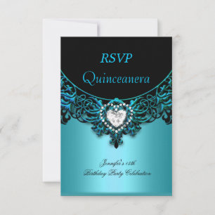UAWG 15. Quinceanera Aqua Blue Aquamarin Black Dia RSVP Karte