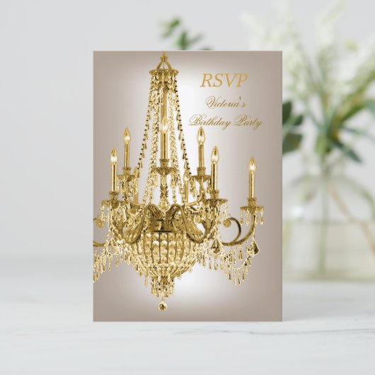 UAWG Birthday Party Gold Metallic Chandelier 2 RSVP Karte (Stehend Vorderseite)