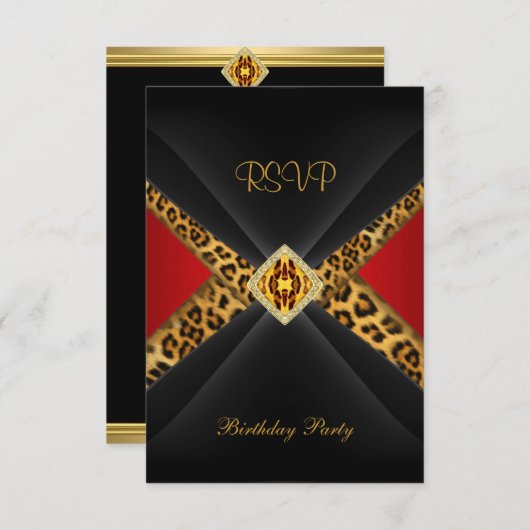 UAWG Birthday Red Gold Black Leopard Jewel RSVP Karte (Vorne/Hinten)