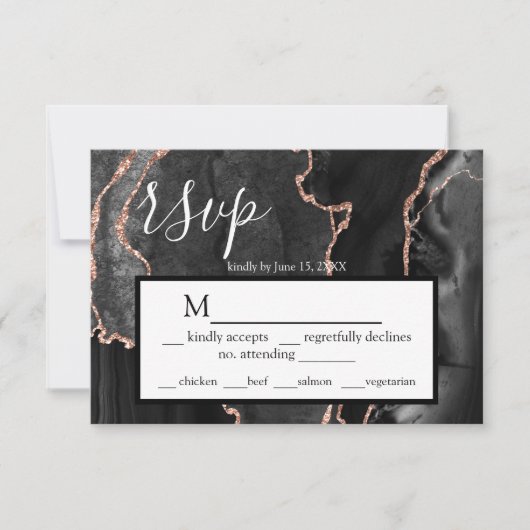 UAWG Black Agate Rose Gold Glitzer Response Card RSVP Karte (Vorderseite)