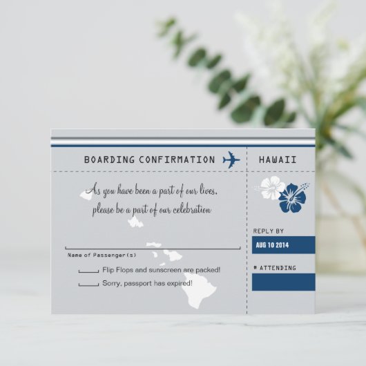 UAWG Boarding Pass to HAWAII Grau und Blau RSVP Karte (Stehend Vorderseite)
