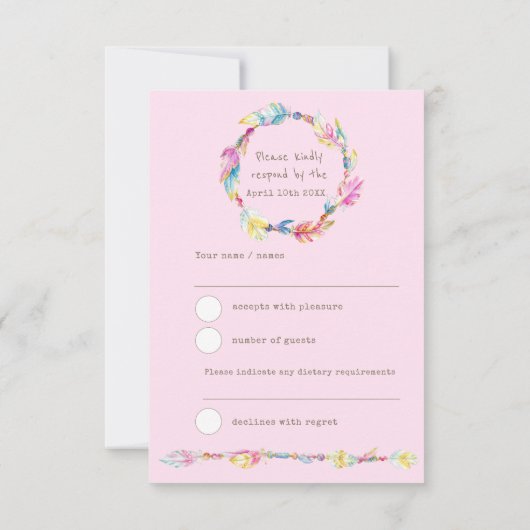 UAWG boho feather rosa Stammesbaby Segen RSVP Karte (Rückseite)