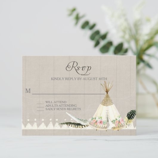 UAWG BOHO Tribal Feathers T-Shirt Pee Floral Rusti RSVP Karte (Stehend Vorderseite)