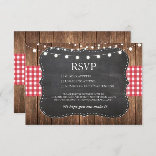 UAWG Chalk Wedding Wood Rustic Red Karo Cards RSVP Karte (Vorne/Hinten)