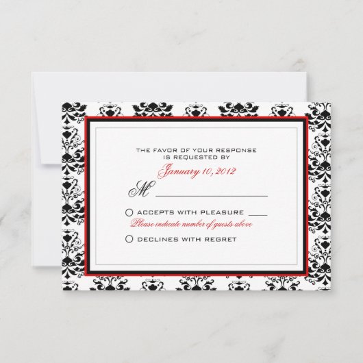 UAwg Custom White & Black Damask Red Accent RSVP Karte (Vorderseite)