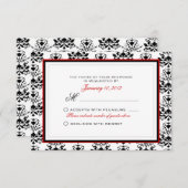 UAwg Custom White & Black Damask Red Accent RSVP Karte (Vorne/Hinten)