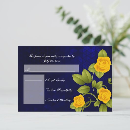 UAWG Dark Blue und Yellow Rose Wedding RSVP Karte (Stehend Vorderseite)