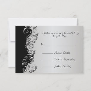 UAWG Elegant Black and Silver Floral Wedding RSVP Karte