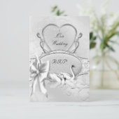 UAWG Elegant Wedding Silver White Swans Heart Bow RSVP Karte (Stehend Vorderseite)
