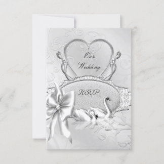 UAWG Elegant Wedding Silver White Swans Heart Bow RSVP Karte