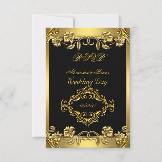 UAWG Elegant Wedding Verziert Floral Black Gold RSVP Karte (Vorderseite)