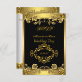 UAWG Elegant Wedding Verziert Floral Black Gold RSVP Karte (Vorne/Hinten)