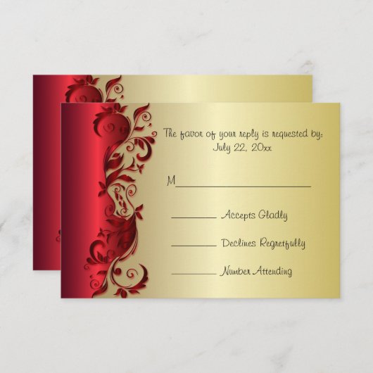 UAWG Elegantes Red & Gold Florid Wedding Design RSVP Karte (Vorne/Hinten)