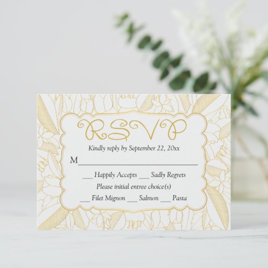UAWG Floral Gold & White Blätter & Blume - Menü RSVP Karte (Stehend Vorderseite)
