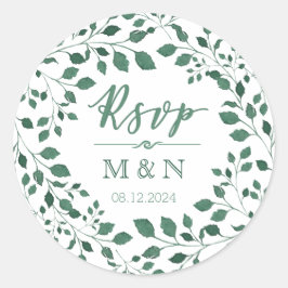 UAWG | Green Blätter Wreath Monogram Wedding Runder Aufkleber