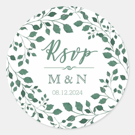 UAWG | Green Blätter Wreath Monogram Wedding Runder Aufkleber (Vorderseite)